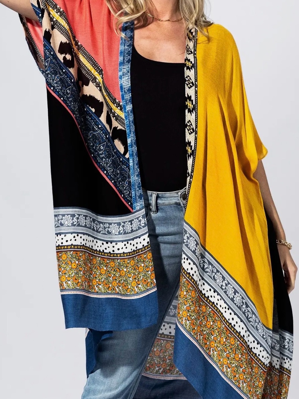Boho Colorblock Floral Print Kimono - Yellow/Black/Blue